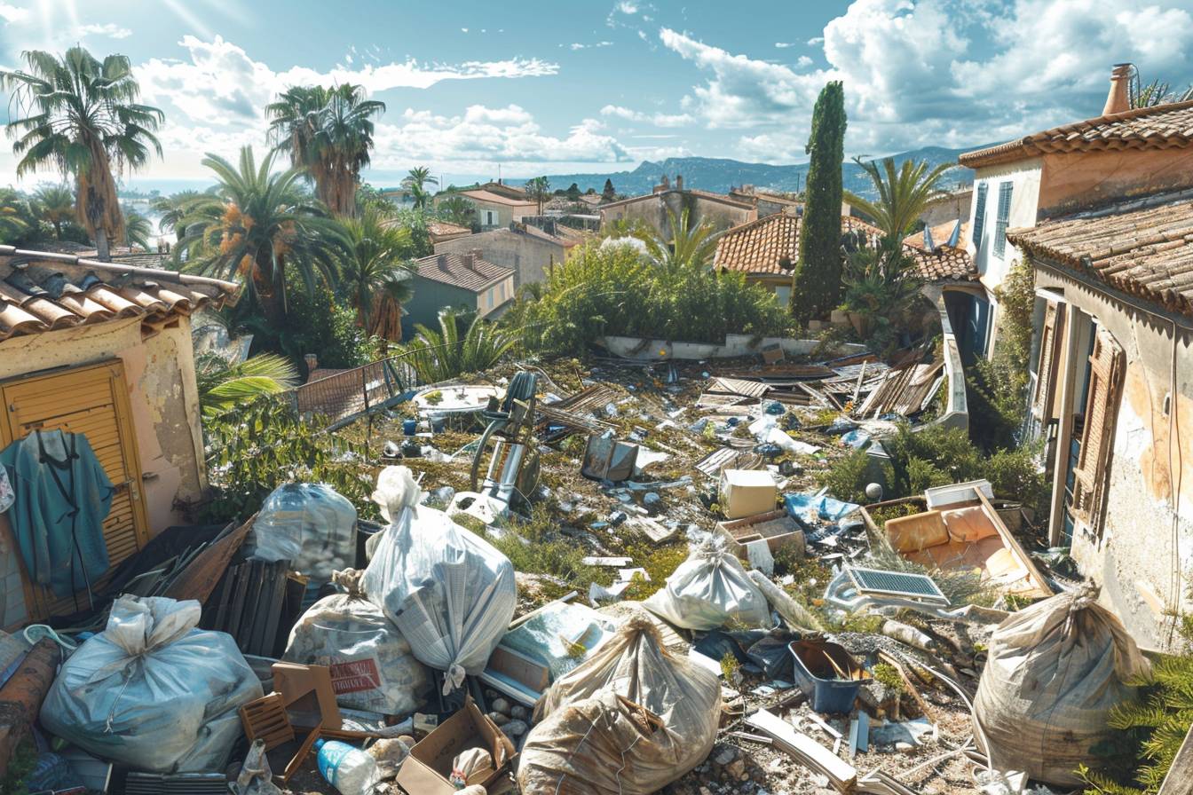 Équipe professionnelle de débarras travaillant sur le nettoyage d'une maison insalubre à Antibes